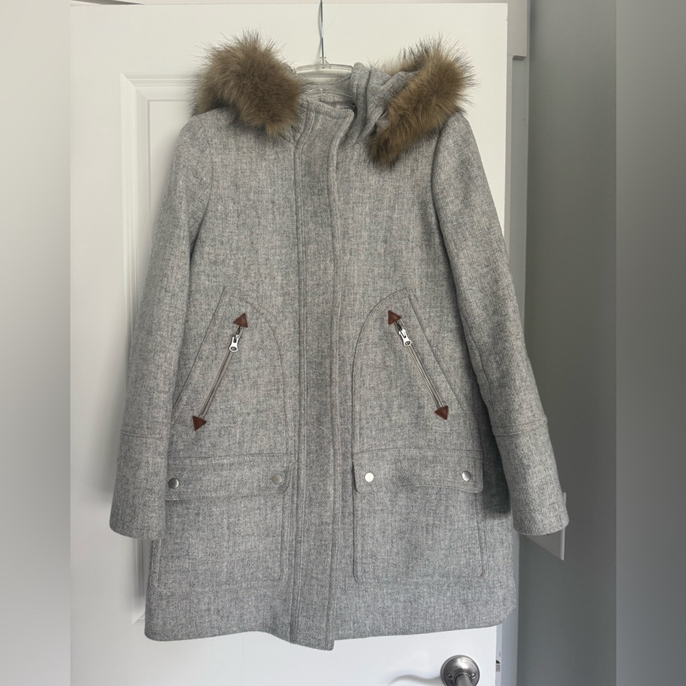 J. Crew Gray Italian Stadium Cloth with Faux Fur Hood